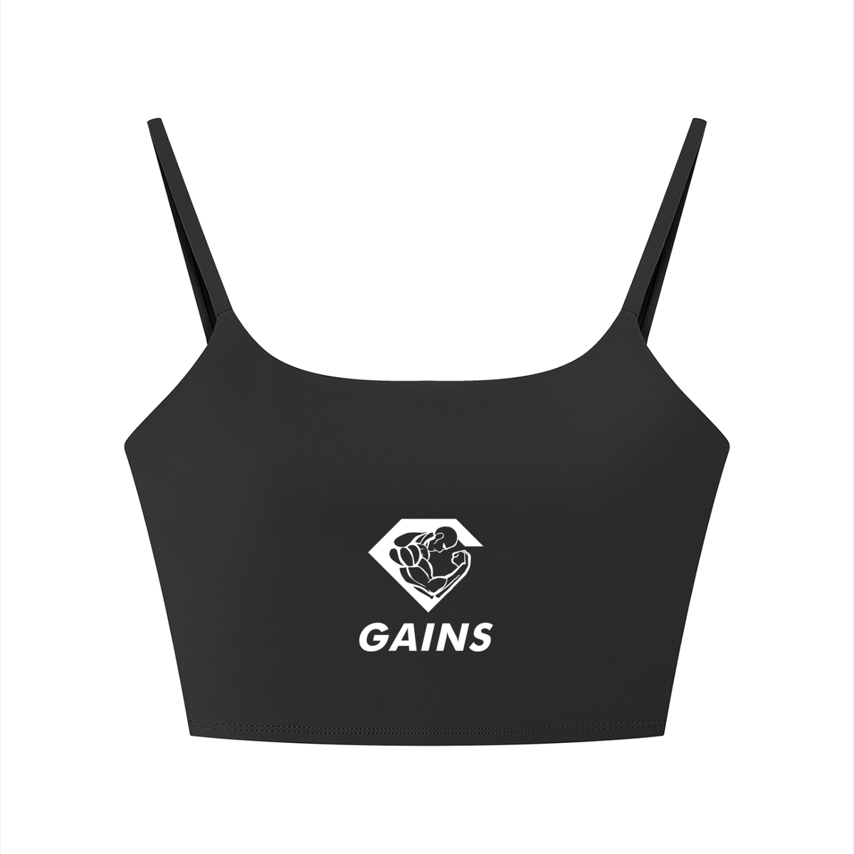 A black crop top sports bra with thin shoulder straps and a white printed logo on the center chest featuring a diamond with a clenched fist and the word 'GAINS' underneath, shown on a plain white background.